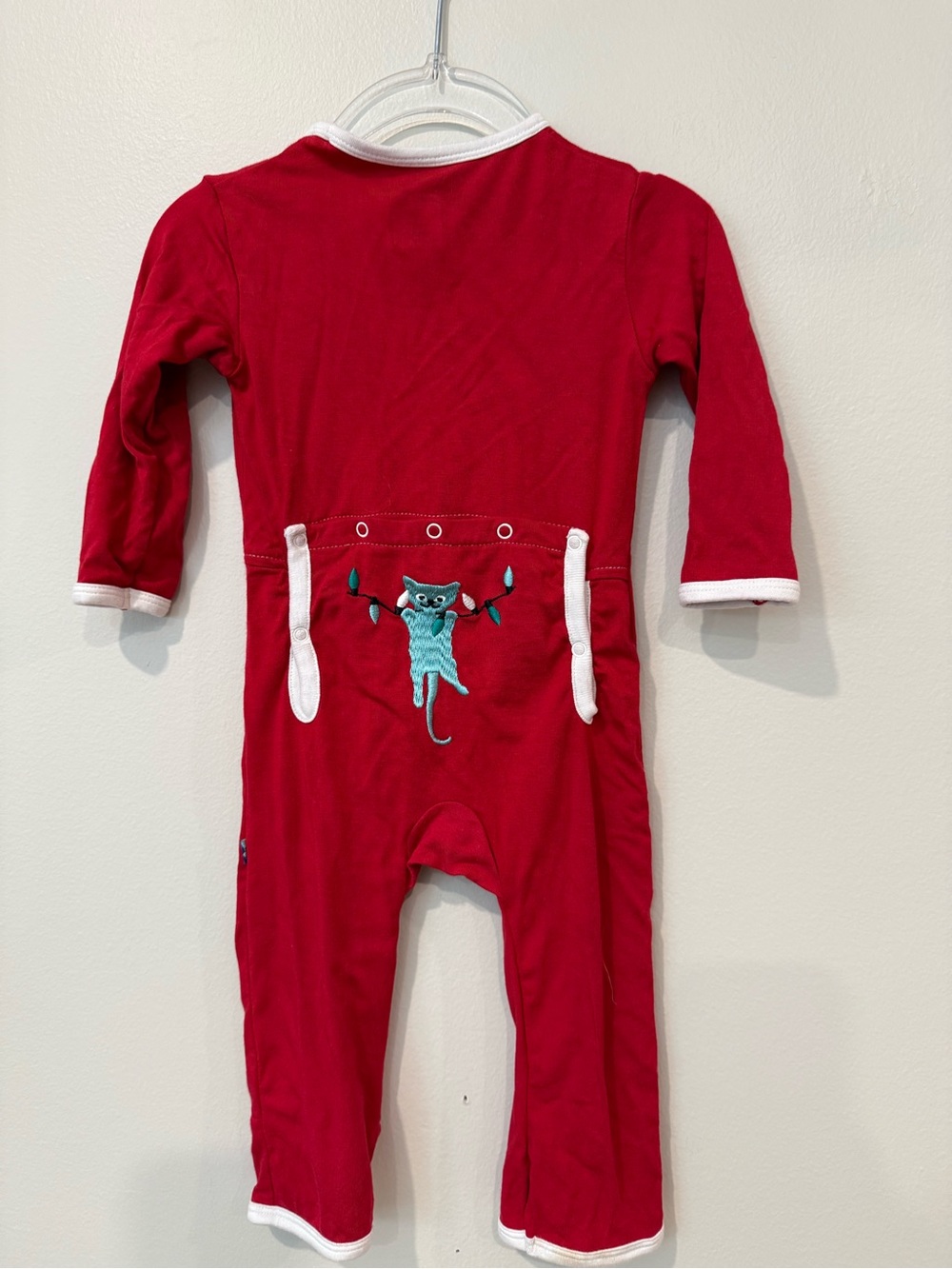 Kickee Pants Holiday Red Christmas One-Piece with Turquoise Cat embroidery